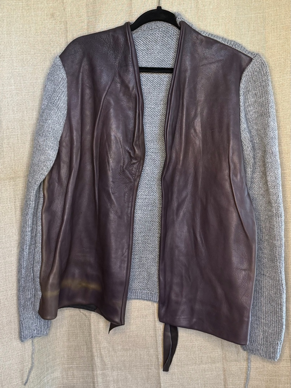 Gray Knit Genuine Leather Cardigan Jacket